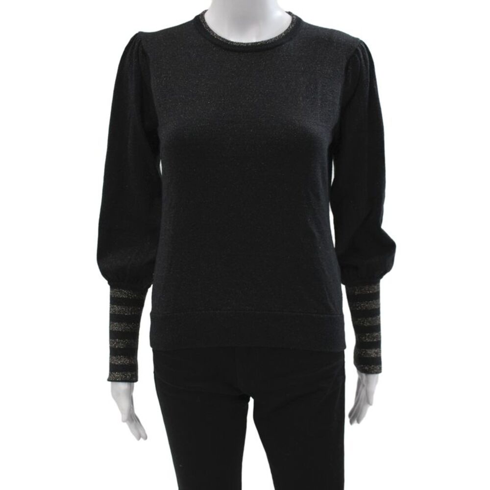 Minnie Rose Womens Pullover Sweater Black Striped Metallic Longsleeve Size S